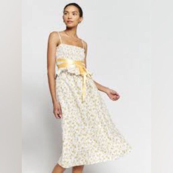 Reformation Miles Floral Yellow & White Ribbon Wrap Smocked Linen Dress Large - Picture 10 of 10